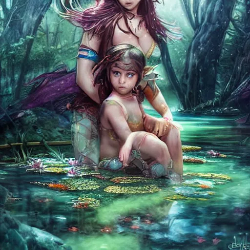 Prompt: a girl warrior and her daughter bathing in a magical pond by ross tran, forest, fantasy, artwork, highly detailed faces