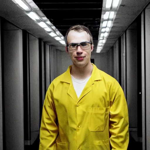 Prompt: flash low quality photograph of a male scientist wearing a lab coat in the backrooms, mustard - yellow old moldy moist carpet room, empty liminal space, very dark shadows, broken fluorescent lighting, horror movie scene, film grain