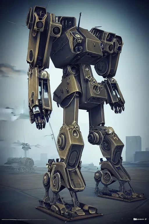 Image similar to “ mecha ww 1 in the war thunder game. front on, symmetrical. industrial design. good design award, innovative product concepts, most respected design, amazing depth, glowing, 3 d octane cycle unreal engine 5, volumetric lighting, cinematic lighting, cgstation artstation concept art ”