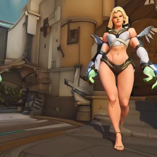 Image similar to a screenshot of arnold schwarzenegger as mercy in overwatch, full body shot