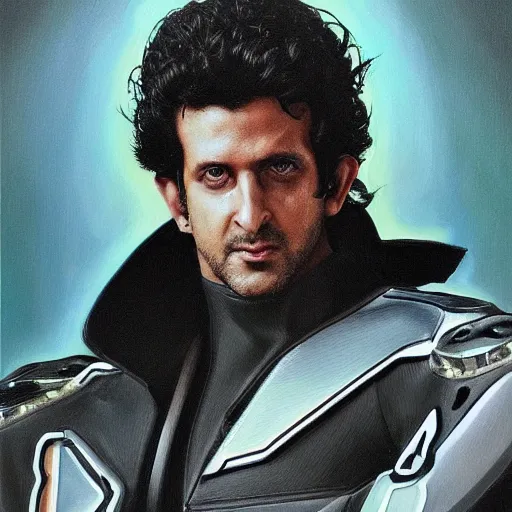 Image similar to a realistic painting by Raffaello Sanzi depicting the Kamen Rider Black with the head of Hrithik Roshan with implant chip in the Renaissance,smooth,Sharp focus, trending on Artstation.