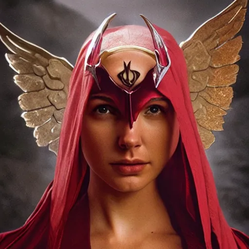 Prompt: a still from “ lord of the rings ” of a 3 5 mm photo portrait of gal gadot as a female red - skinned, flying, winged tiefling warlock, photo by phil noto