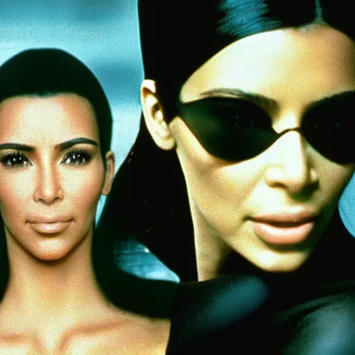 Image similar to movie still of kim kardashian starring as trinity in the matrix 1 9 9 9 movie