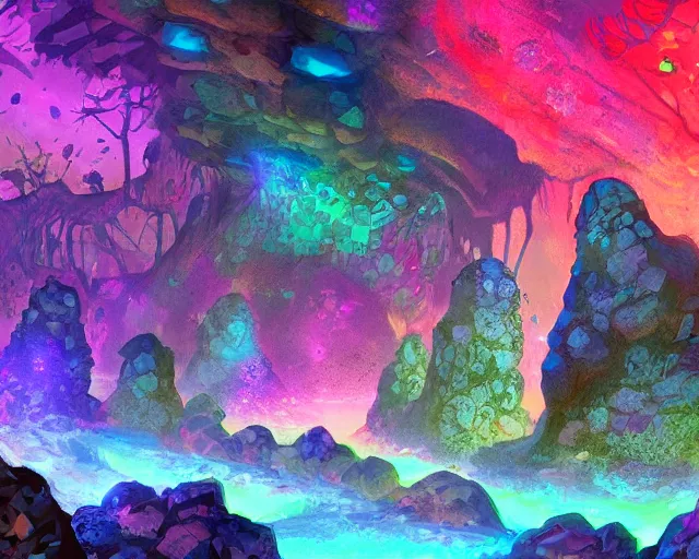 Prompt: very high quality digital art of a fantasy stone cavern lit by colorful glowing crystals