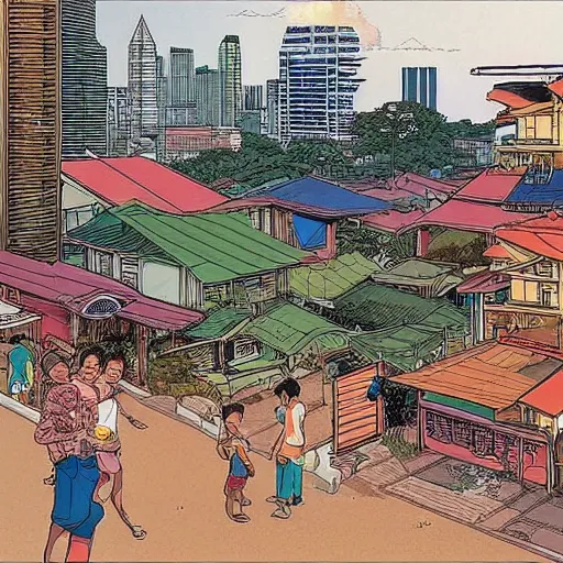 Image similar to a snapshot of daily life in a singaporean neighbourhood, by moebius