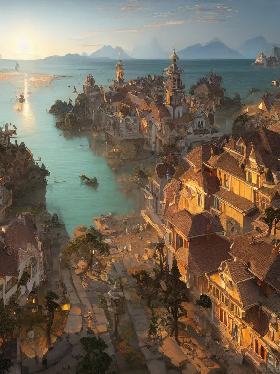 Image similar to an oil painting of an aerial view of a seaside Dungeons & Dragons fantasy town on a beautiful dawn by carl spitzweg and tuomas korpi. full-length view. baroque element. intricate artwork by caravaggio. Trending on artstation. halo. octane render, cinematic, hyper realism, 8k