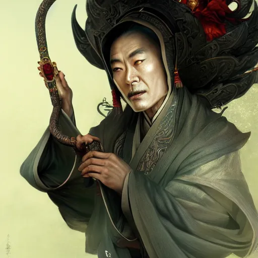 Image similar to a chinese taoist priest, like andy lau, immortal taoist bones, affable ， style of tom bagshaw, cedric peyravernay, peter mohrbacher, victo nga, 4 k hd illustrative wallpaper, animation style, chinese style