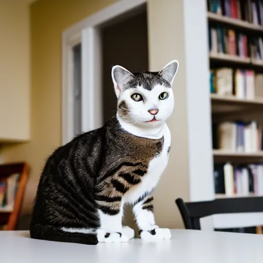 Prompt: a cat wearing a stormtrooper helmet covering the whole face while on the kitchen table, standing up, 40nm lens, shallow depth of field, split lighting, 4k,