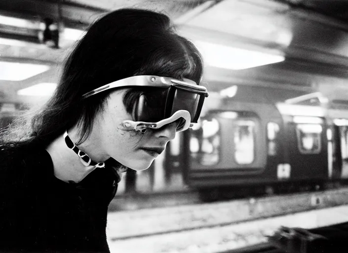 Prompt: close - up portrait of a young woman wearing a choker and welding goggles, in a subway, richard avedon, tri - x pan