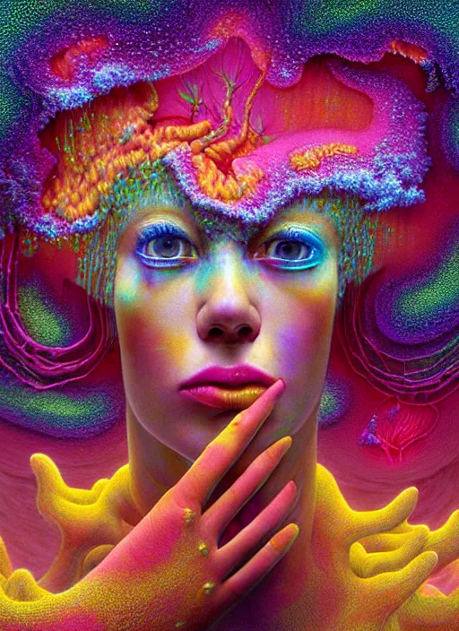 Prompt: hyper detailed 3d render like a Oil painting - Aurora (evocative cyberpunk and oil rainbow faced Singer) seen Eating of the Strangling network of yellowcake aerochrome and milky Fruit and Her delicate Hands hold of gossamer polyp blossoms bring iridescent fungal flowers whose spores black out the foolish stars by Jacek Yerka, Mariusz Lewandowski, Houdini algorithmic generative render, Abstract brush strokes, Masterpiece, Edward Hopper and James Gilleard, Zdzislaw Beksinski, Mark Ryden, Wolfgang Lettl, hints of Yayoi Kasuma, octane render, 8k