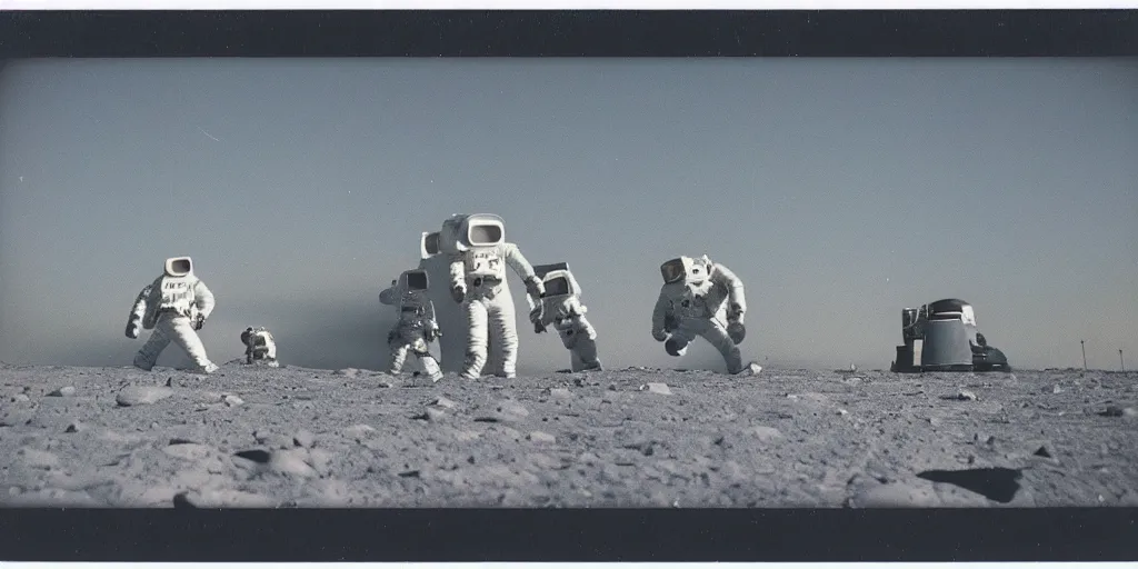 Image similar to polaroid photo of spacemen landing on a blue moon, slight color bleed, grain