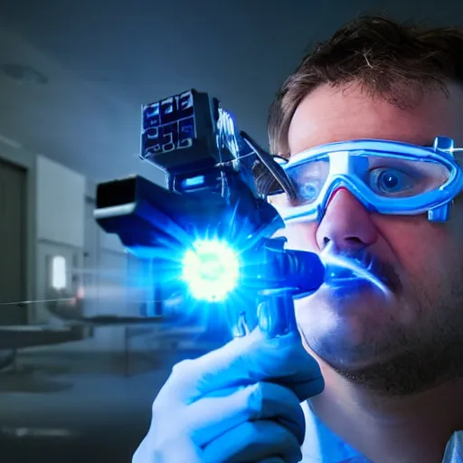 Image similar to a scientist standing in a dark room wearing goggles looks ecstatic while testing out the new laser gun prototype by firing it