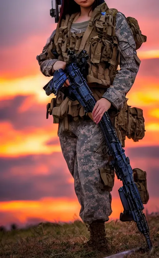 Prompt: highly detailed, high resolution, cosplay photo, stunning, real world, real sunset, in the middle of the battlefield, girls frontline style, bokeh soft, 100mm, trending on facebook, by professional photographer, realistic anatomy, realistic military carrier, soldier clothing, modern warfare, realistic rifle