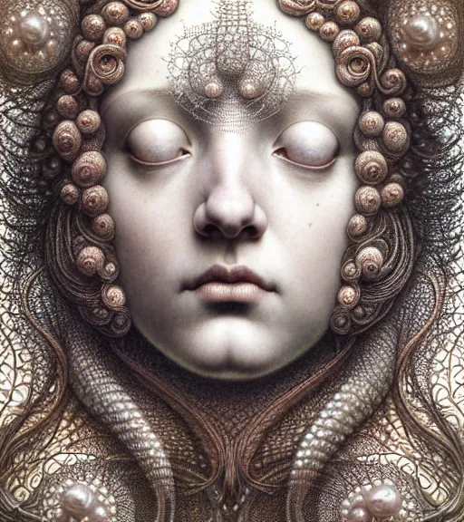 Prompt: detailed realistic beautiful pearl goddess face portrait by jean delville, gustave dore, iris van herpen and marco mazzoni, art forms of nature by ernst haeckel, art nouveau, symbolist, visionary, gothic, neo - gothic, pre - raphaelite, fractal lace, intricate alien botanicals, ai biodiversity, surreality, hyperdetailed ultrasharp octane render