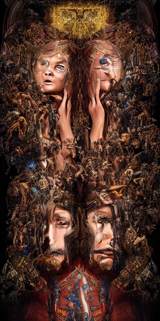 Image similar to HDR portrait photography of two Deities vertically mirrored between utopia on the top and the underworld on the bottom. The Benevolent Cyborg Queen in utopia on the top, mirroring The Evil Cyborg King in the dark underworld on the bottom. Coherent portraits, ethnic fantasy, intricate, elegant, highly detailed, African, Egyptian, Aztec, Mayan, digital painting, trending on ArtStation, HDR photo, smooth, sharp focus, illustration, art by artgerm and greg rutkowski and alphonse mucha