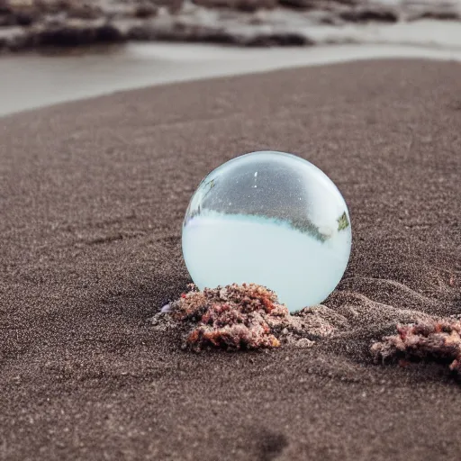 Image similar to a transparent sphere on a beach with a crab looking at it