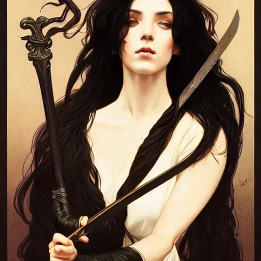 Prompt: portrait, woman with black hair called the lady of ash wielding a sword, elegant, digital illustration, fire magic, detailed, intricate, sharp focus, digital painting, deep focus, digital painting, artstation, concept art, matte, art by artgerm and greg rutkowski and alphonse mucha