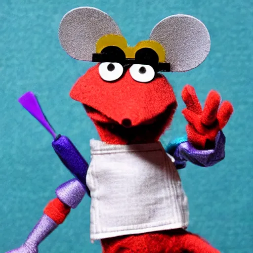 Image similar to a mouse wearing a shining suit of armor wielding a sewing needle, puppet, stop motion, in the style of the muppets