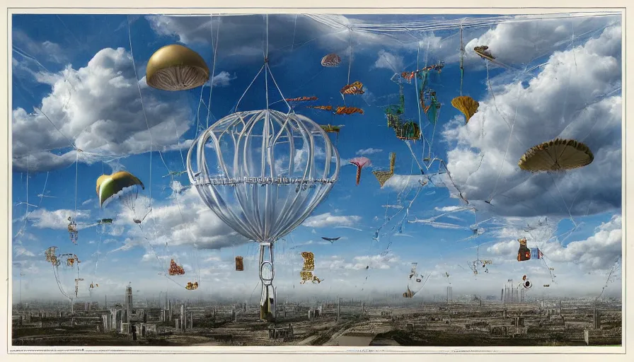 Prompt: an inflated stainless steel chrome birdcage in the clouds, people are hanging from kites by steel cables. Oil rigs in the sky. Intricate technical drawing. Colored pencil. Mammatus clouds. Ornate, brilliant, utopian, detailed, Golden ratio, solarpunk technology by Lebbeus Woods