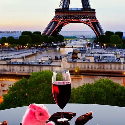 Image similar to a rabbit drinking wine in a cafe in Paris, the eiffel tower is visible in the background, it is night time, there are two humans sitting behind the rabbit