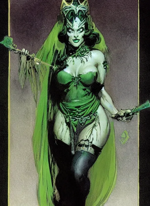 Image similar to mighty plump female necromancer sorceress, green tiara, strong line, muted color, beautiful! coherent! by frank frazetta, by brom