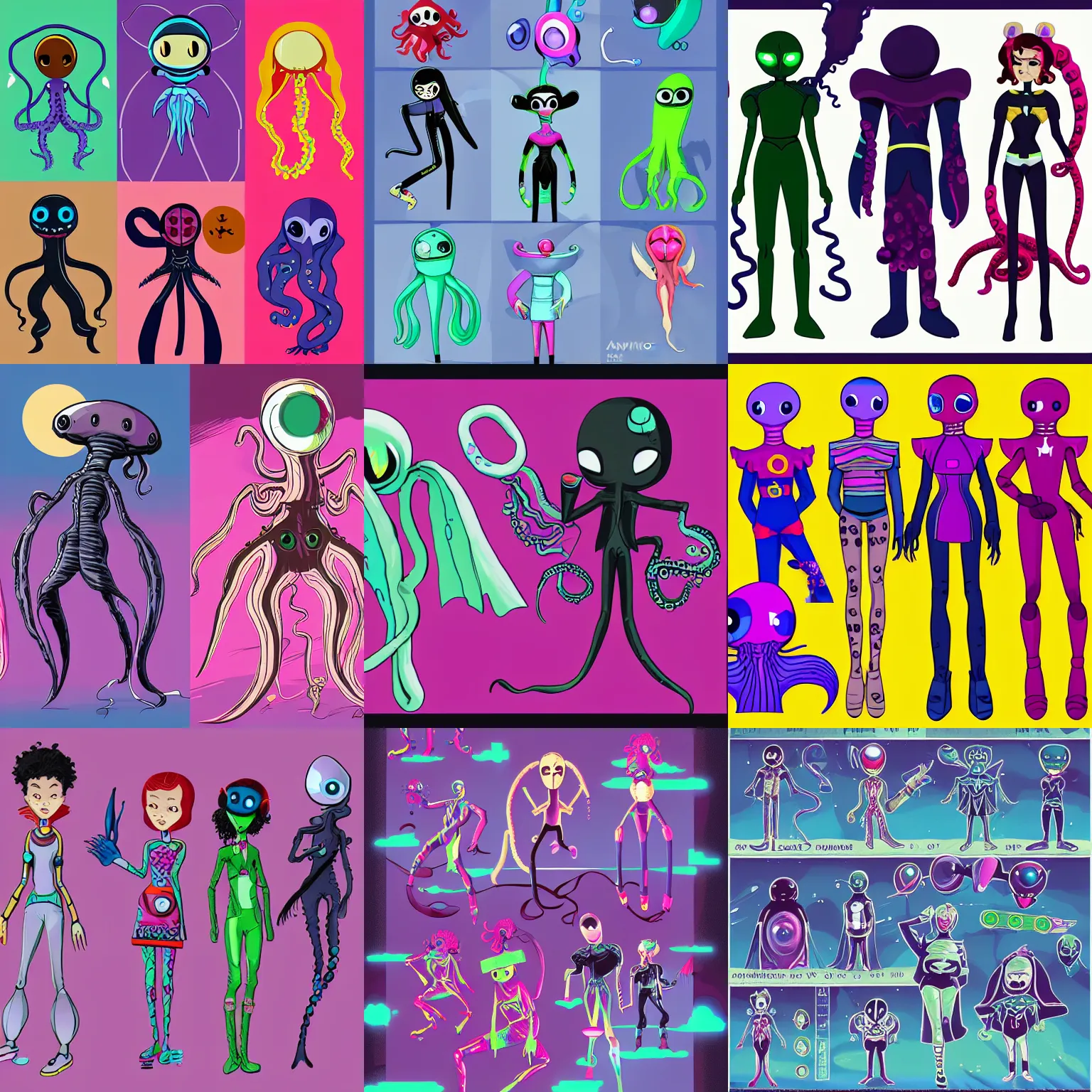 Prompt: an adorable vintage vaporwave colorful tall lean vampire ninja aliens with big black alien eyes and a squid beak with three webbed tentacle arms and skinny thin human legs inspired as playable characters design sheets that focuses on an ocean setting with help from the artists of odd world inhabitants inc and Lauren faust from her work on dc superhero girls and lead artist Andy Suriano from rise of the teenage mutant ninja turtles on nickelodeon using artistic cues for the game fret nice and art direction from the Sony 2018 animated film spiderverse