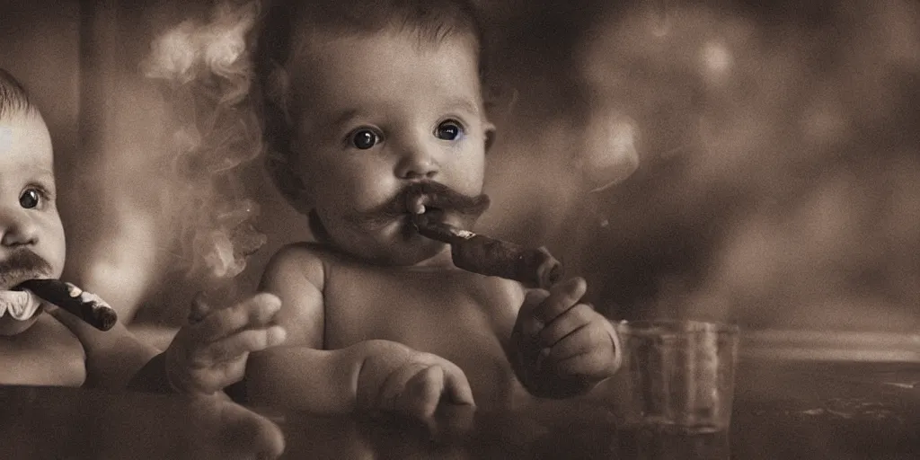Prompt: a phtorealistic of an baby with a beard and mustache smoking a big cigar in a bar