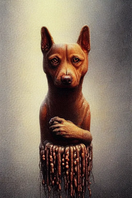 Prompt: painting of a very cute dog made of baked beans, baked bean skin texture, by zdzislaw beksinski, by dariusz zawadzki, by wayne barlowe, gothic, surrealism, cosmic horror, lovecraftian, cold hue's, warm tone gradient background, concept art, beautiful composition