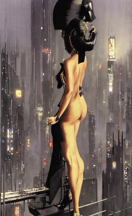 Image similar to an elegant Black woman in dress and heels, her back is to us, looking at a futuristic Blade Runner city, by Robert McGinnis.