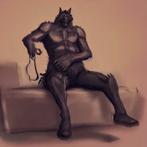 Image similar to a humanoid german shepherd beast - man, sitting on a couch and puts on jeans, artstation, concept art, smooth, sharp foccus ilustration, artstation