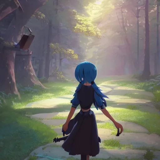 Image similar to a wholesome animation key shot of a girl with a raccoon tail and long dark blue hair, medium shot, studio ghibli, pixar and disney animation, sharp, rendered in unreal engine 5, anime key art by greg rutkowski, bloom, dramatic lighting, trending on artstation