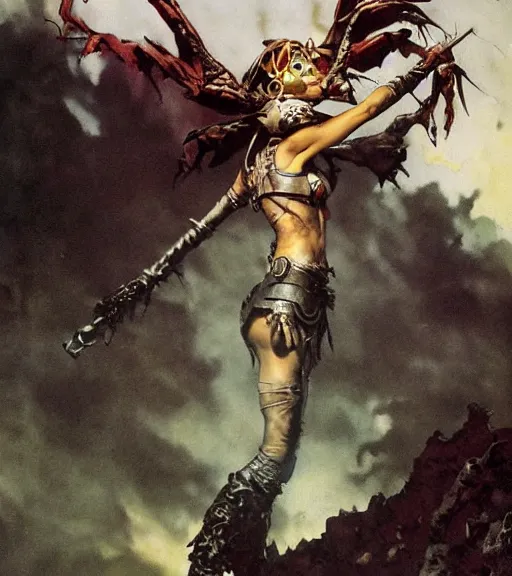 Prompt: evil princess of the wasteland, scrap metal headdress, strong line, deep color, cloudy sky, beautiful! coherent! by brom, by frank frazetta, low angle