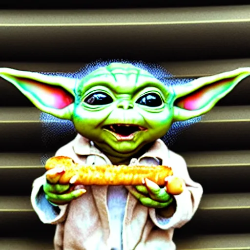 Image similar to hyper realistic baby Yoda eating hot-dog,detalied,