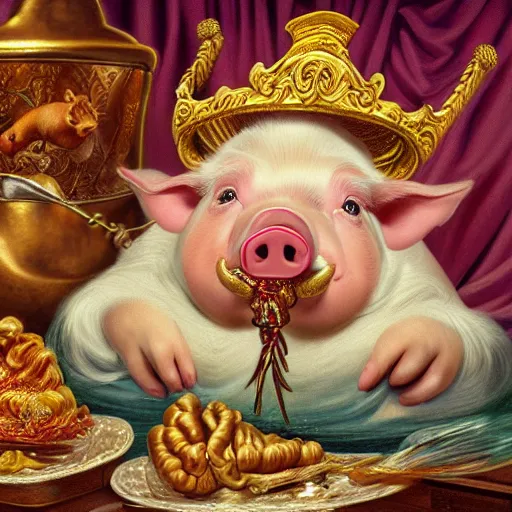 Image similar to pig wearing gold crown eating polish sausage, Realistic, Regal, Refined, Detailed Digital Art, Michael Cheval, Walt Disney (1937), François Boucher, Oil Painting, Steampunk, Highly Detailed, Cinematic Lighting, Unreal Engine, 8k