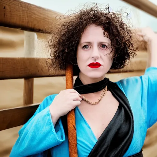 Image similar to a woman looking sick and leaning over the railing of a ship, a beautiful english woman with a long face narrow nose pale skin blue eyes red lips and wild messy tangles of curly white blonde hair, high resolution film still wearing a black robe and skull necklace and holding a spear, sandy, a journey to the west