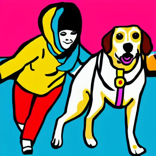 Prompt: red haired woman skateboarding pulled by a beagle and a husky dog on leashes, in the pop art style, bright colours