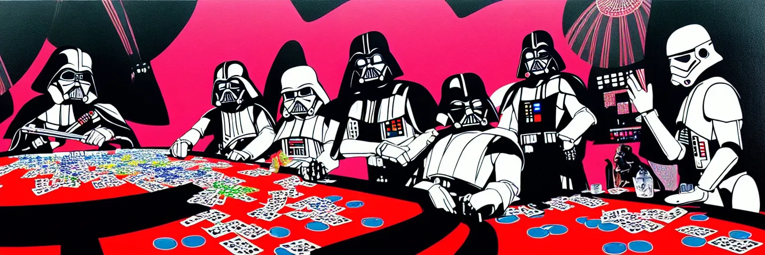 Image similar to hyperrealism composition of the detailed woman in a japanese kimono sitting at an extremely detailed poker table with darth vader and stormtrooper, fireworks on the background, pop - art style, jacky tsai style, andy warhol style, acrylic on canvas