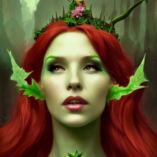Image similar to a beautiful and detailed matte painting of poison ivy dressed as an elf queen, fantasy, d & d, dark eyeliner, intricate, elegant, highly detailed, digital painting, artstation, concept art, matte, sharp focus, illustration, art by greg rutkowski and alphonse mucha