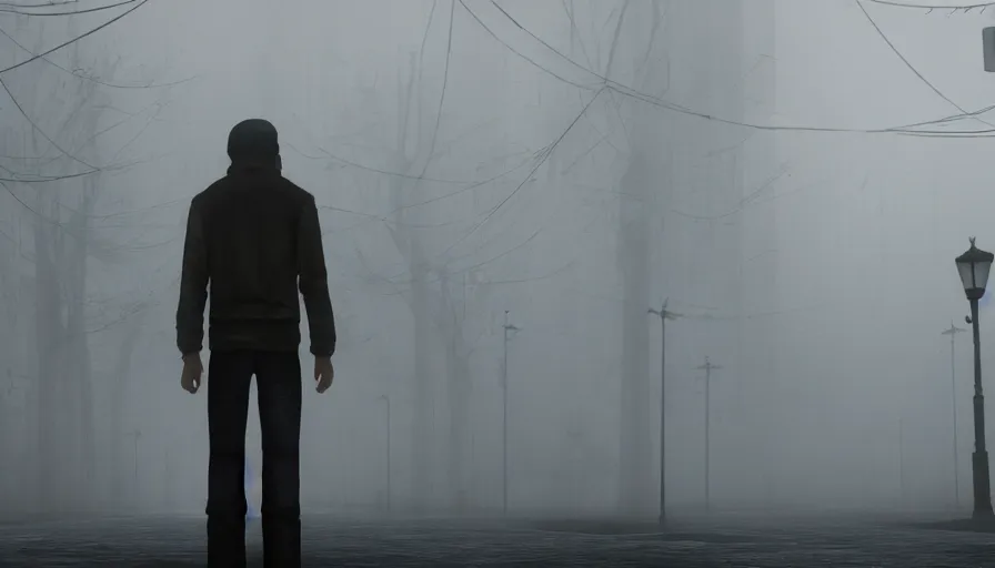 Prompt: a man standing, silent hill streets, fog, empty streets, hyperdetailed, artstation, cgsociety, 8 k
