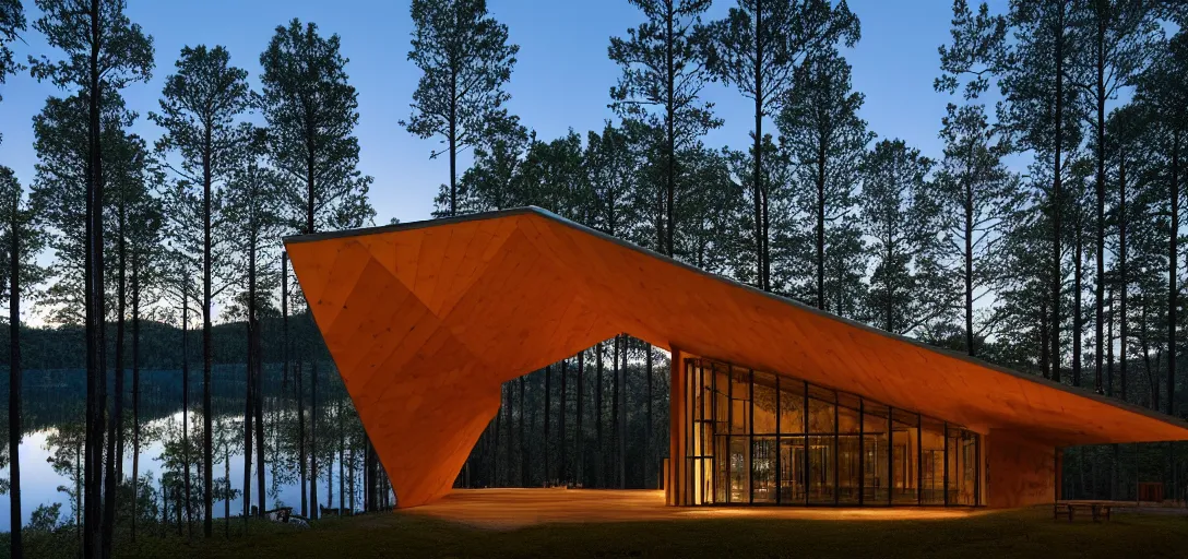 Prompt: faceted roof planes lift and descend creating shade and architectural expression, highly detailed, situated in the forest, next to a highly reflective lake, at dusk, vivid color