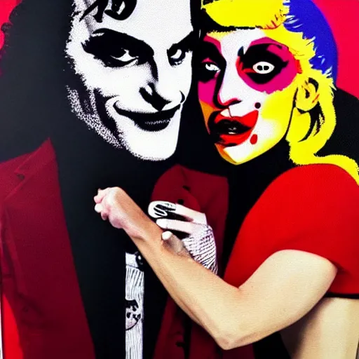 Prompt: mimmo rottela and banksy as joaquin phoenix skinny joker holding hand lady gaga harley queen, ultra photorealistic, extreme realistic, intricate details, pop art style, concept art, confident, love, random object movement, 3 colours, warm color, 4 k, ultra smooth, sharp focus