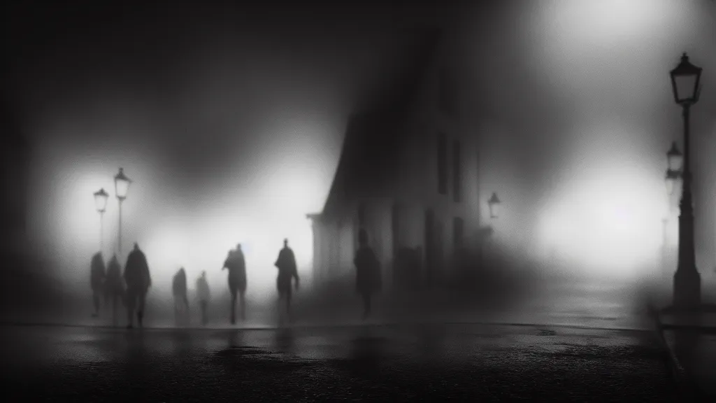 Prompt: the crowd flees the village, fog, volumetric lighting, mystique, atmospheric, sharp focus, ultra detailed, noir art house, 4 k, cinematic, 3 5 mm