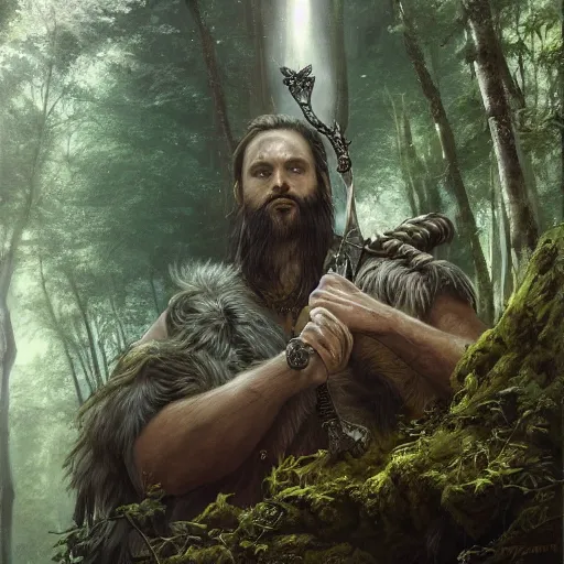 Prompt: epic fantasy portrait of a earth and nature god with brown hair and a husky beard holding a dark metal sword in the deep forest as he looks at us, oil painting by Greg Rutkowski and Charlie Bowater and Artgerm, unreal 5, DAZ, epic RPG Portrait, trending on artstation, dynamic lighting, late afternoon lighting, forest, green theme, afternoon light