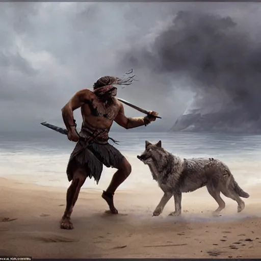 Image similar to an spartan man fighting with an wolf on a beach, Matte painting , detailed painting, made by Greg Rutkowski, 4k, atmospheric