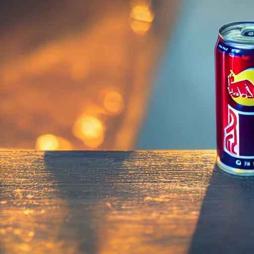 Image similar to a hyper realistic macro photograph of a can of Red Bull energy drink, 8k, 4K, product photography