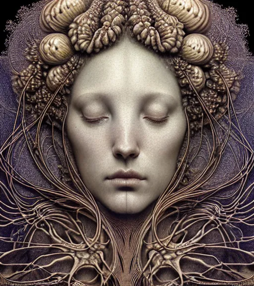 Image similar to detailed realistic beautiful glowing goddess face portrait by jean delville, gustave dore, iris van herpen and marco mazzoni, art forms of nature by ernst haeckel, art nouveau, symbolist, visionary, gothic, neo - gothic, pre - raphaelite, fractal lace, intricate alien botanicals, biodiversity, surreality, hyperdetailed ultrasharp octane render