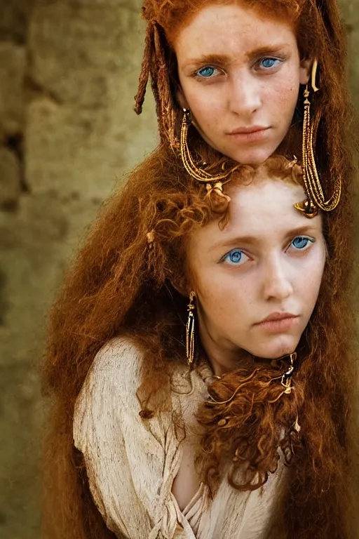 Prompt: 19th Century Barbary Coast pirate beautiful female model with amazing Ginger hair and Golden hooped earrings photography by Steve McCurry