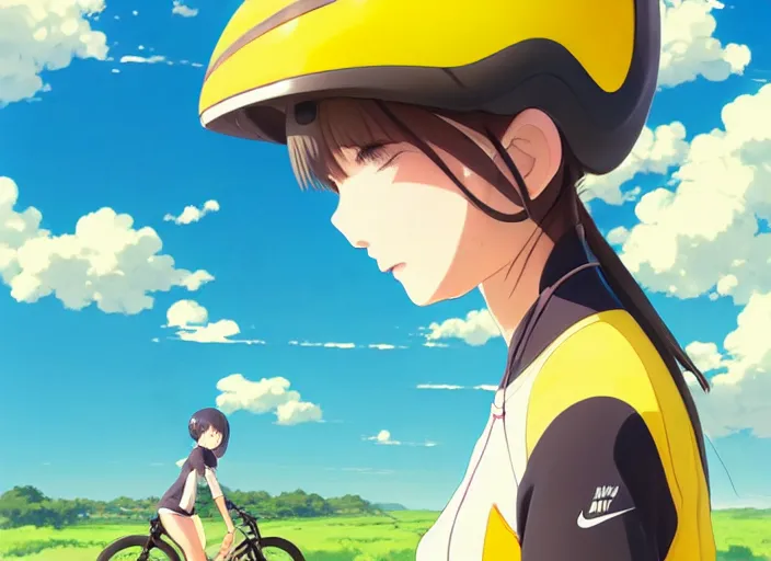 Image similar to portrait of cute girl riding road bike, sunny sky background, lush landscape, illustration concept art anime key visual trending pixiv fanbox by wlop and greg rutkowski and makoto shinkai and studio ghibli and kyoto animation, symmetrical facial features, sports clothing, yellow helmet, nike cycling suit, backlit, aerodynamic frame