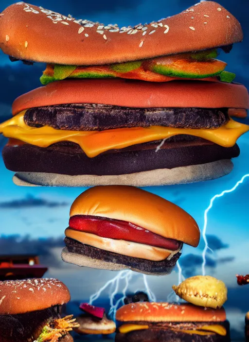 Prompt: a cinematic photograph of junkfood, at sunset, ultra detailed, realistic, beautiful lightning, golden hour time, 8 k, high depth field