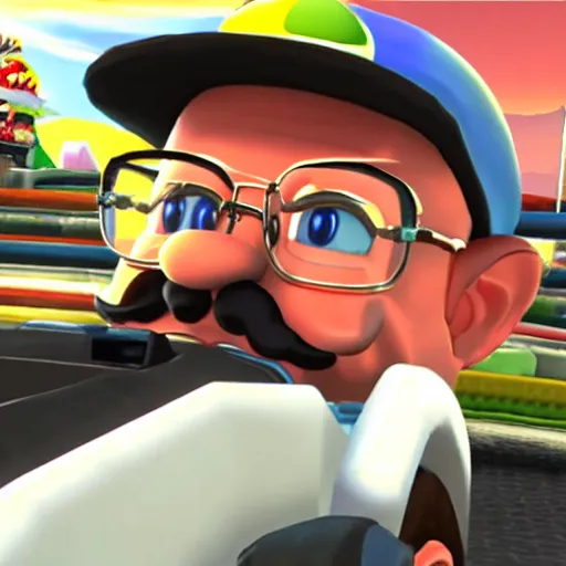 Prompt: Walter White in Mario Kart driving trailer car, game screenshot